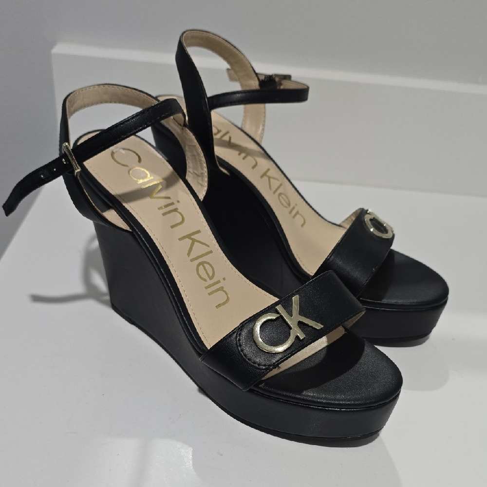 Calvin Klein Black Wedge Sandals with Gold Accents